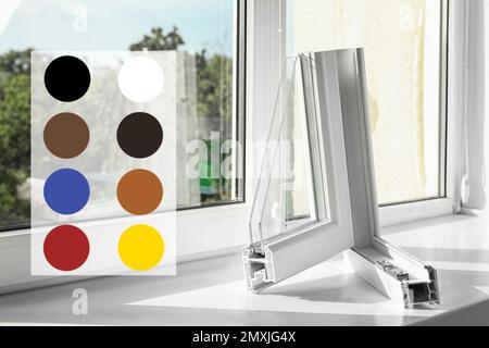 Beispiel für ein modernes Fensterprofil auf dem Schweller und verfügbare Farbpalette Stockfoto