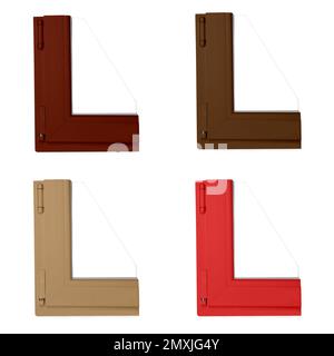 Set mit Beispielen eines modernen Fensterprofils in verschiedenen Farben auf weißem Hintergrund Stockfoto