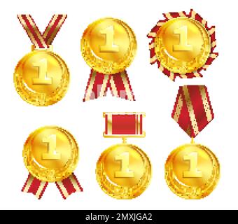 Goldene Nummer eins-Medaillen mit roten Bändern Abzeichen und Rosette realistische set isoliert Vektor-Illustration Stock Vektor