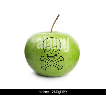 Grüner Giftapfel mit Schädel- und Kreuzknochenbild auf weißem Hintergrund Stockfoto