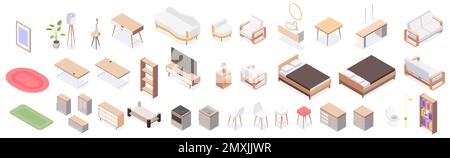 Isoliertes Ikonenset mit isometrischen Möbeln, Holzsessel, Tisch, Schrank, Arbeitsbett und anderen Möbelelementen, Vektordarstellung Stock Vektor