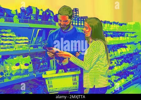 Ein junges Paar im Supermarkt, mit einer Wärmebildkamera. Temperaturdetektion - Covid-Präventionsmaßnahme Stockfoto