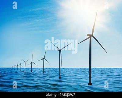 Schwimmende Windturbinen im Meer. Alternative Energiequelle Stockfoto