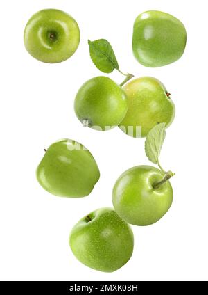 Reife grüne Äpfel auf weißem Hintergrund Stockfoto