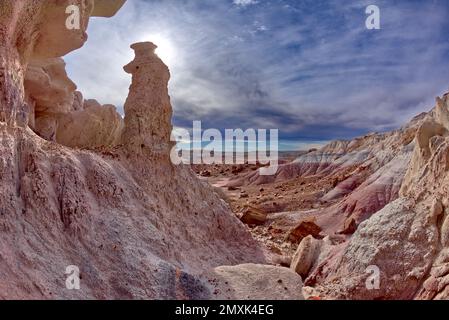 Blick aus einer flachen Höhle im Jasper Forest im Petrified Forest National Park Arizona. Die Hoodoo-Formation auf der linken Seite heißt Jasper King Stockfoto