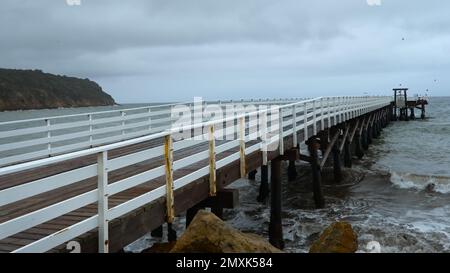 Ein weißer, eingezäunter Holzpier führt an einem bewölkten Tag zum Meer. Stockfoto