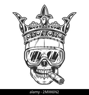 Bauarbeiter Schädelbauer raucht Zigarren- oder Zigarettenrauch mit Kronenkönig und Schutzbrille in klassischem monochromen isoliertem Vektor Stock Vektor