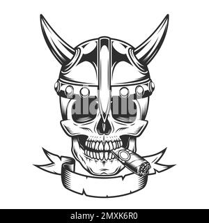 Wikinger-Emblem im Vintage-Stil mit Schädel, der Zigarren oder Zigarettenrauch raucht, ernster mittelalterlicher nordischer Krieger im Hornhelm und Band isolierte Vektor-Illustra Stock Vektor