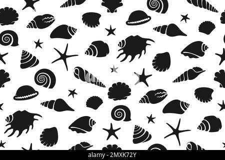 Nahtloses Muster für Muschelspüle. Meeresspiralschnecke, Meeresspiralschnecke, Seesterne, grenzenloser Hintergrund. Wiederkehrende Ornamente mit tropischem Strandmuster Stock Vektor