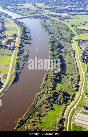 Heukenlock Naturschutzgebiet auf der Elbe aus der Luft, Tiedeauenwald, Tiede, Ebbe, Flut, Süßwasserschlammflächen, Elbinsel, Elbe, Deich, Luft-ph Stockfoto