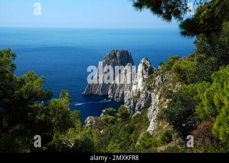 Felsige Küste mit Booten auf dem Meer, Faraglioni, Capri, Kampanien, Italien, Europa Stockfoto