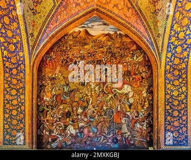 Schlacht von Chaldiran gegen den osmanischen Selim I 1514, Fresken mit höflichen Szenen und Kampfszenen, Chehel Sotoun Palast, Isfahan, Isfahan, Iran, As Stockfoto