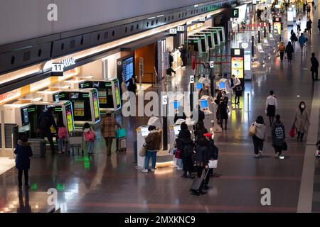 Tokio, Japan. 2. Februar 2023. Inländische Fluggäste in Japan checken in Terminal 1 des Tokio-Haneda-Flughafens ein und geben ihr Gepäck ab.der Haneda-Flughafen, offiziell bekannt als Tokyo International Airport (ç¾½ç"°C © ºæ¸¯ auf Japanisch), ist ein großer und hoch entwickelter Flughafen in der Metropolregion Tokio, Japan. Es gilt als einer der verkehrsreichsten Flughäfen in Asien und dient als Drehkreuz für viele internationale und inländische Fluggesellschaften. Der Flughafen Haneda bietet ein breites Spektrum an Einrichtungen und Dienstleistungen, darunter Passagierterminals, Frachtterminals, Duty-Free-Shops, Restaurants, Lounges und mehr. Stockfoto