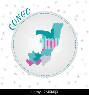 Kongo-Kartendesign. Landkarte mit Regionen in Smaragd-Amethyst-Farbpalette. Stock Vektor