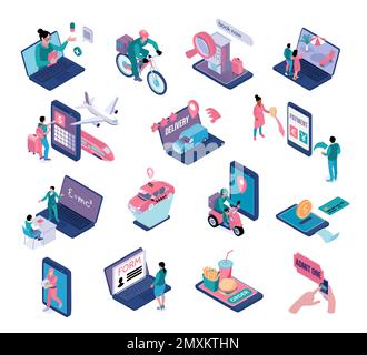 Online-Dienste Farbsatz für Zahlungen Bestellung und Lieferung Lebensmittel Fernunterricht isolierte Symbole isometrische Vektordarstellung Stock Vektor