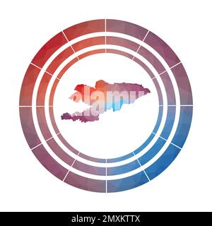 Kirgisische Marke. Leuchtendes, abgestuftes Landlogo in niedriger Poly-Optik. Mehrfarbiges, abgerundetes Schild mit Karte im geometrischen Stil für Ihre Info-Grube aus Kirgisistan Stock Vektor