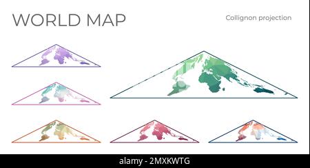 Niedrige Poly-Welt-Karte Eingestellt. Die pseudozylindrische Kollignon-Gleichbereichsprojektion. Sammlung der Weltkarten im geometrischen Stil. Vektordarstellung. Stock Vektor