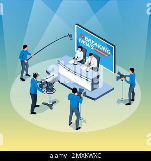 Isometrisches tv-Nachrichtenstudio mit zwei Referenten, einem Kameramann-Boom-Operator mit farbigem Hintergrund und 3D-Vektordarstellung Stock Vektor