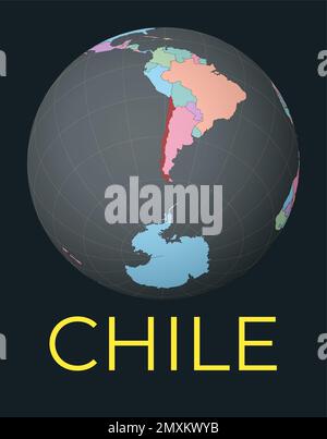 Weltkarte mit Schwerpunkt Chile. Rot markiert. Satelliten-Weltansicht auf Land mit Namen zentriert. Vektordarstellung. Stock Vektor