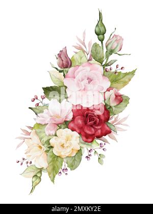 Aquarelle Arrangements mit Rosenblumen. Blumensträuße aus rosa, roten und gelben Rosen und Blätter für Hochzeits-, Valentinstag- oder Grußkarten. Botan Stock Vektor