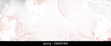 Abstrakte Kunst mit Blumen, Aquarell und Glitzer als Bannerhintergrund. Aquarell Natur Design mit pinkfarbenen Farbtönen, geeignet für Hintergrunddekoration, BA Stock Vektor