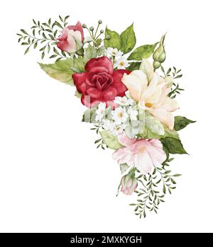 Aquarelle Arrangements mit Rosenblumen. Blumensträuße aus rosa, roten und gelben Rosen und Blätter für Hochzeits-, Valentinstag- oder Grußkarten. Botan Stock Vektor