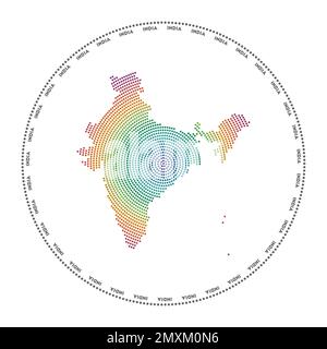 Logo „India Round“. Digitale Form Indiens in gepunktetem Kreis mit Ländernamen. Technisches Symbol des Landes mit abgestuften Punkten. Stilvoller Vektorstrahl Stock Vektor