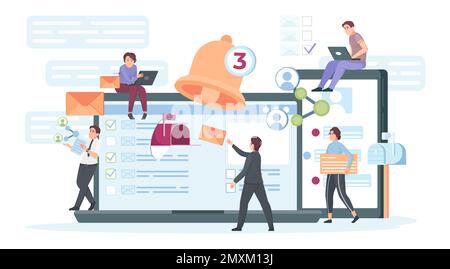 Flaches Konzept des E-Mail-Marketings mit Leuten, die Werbebotschaften senden, die Zielpublikum erreichen, Vektordarstellung Stock Vektor