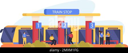 Öffentlicher Nahverkehr flacher Hintergrund mit U-Bahn oder S-Bahn und Menschen auf Plattform Vektorgrafik Stock Vektor