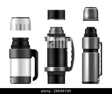 Realistische Thermoskannen-Symbole Einstellen von drei Thermoskannen unterschiedlicher Größe mit Vektordarstellung der öffnenden Deckel Stock Vektor