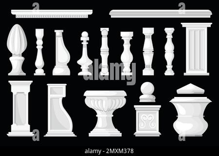 Set mit isolierten Bildern von Steinbalustern, Vasen und Säulen in weißer Farbe auf schwarzem Hintergrund, Vektordarstellung Stock Vektor