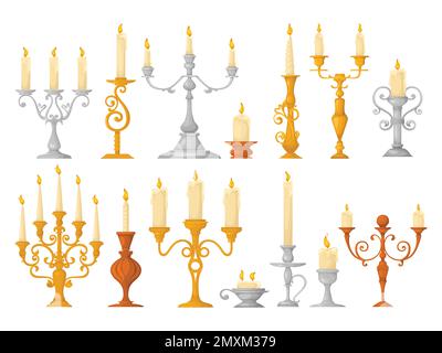 Kerzenhalter im Retro-Look Kronleuchter Set aus Einzelbildern mit barocken Lichtern und brennenden Kerzen im Vektordesign Stock Vektor