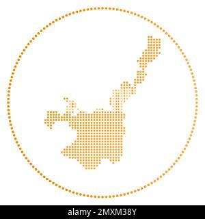Digitales Ishigaki-Abzeichen. Gepunktete Karte von Ishigaki im Kreis. Technisches Symbol der Insel mit abgestuften Punkten. Stilvolle Vektordarstellung. Stock Vektor