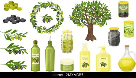 Oliven flacher Satz von isolierten Ikonen mit reifen Blättern Bäume Oliven Ölflaschen aus der Dose und Baum Vektor Illustration Stock Vektor