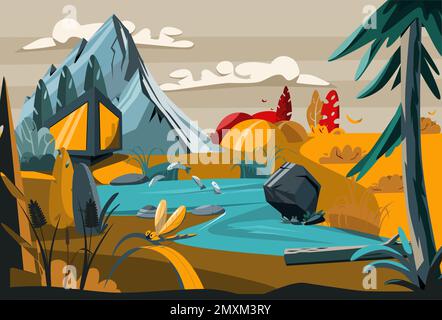 Natur Landschaft Cartoon farbigen Hintergrund mit Bergen Fluss und exotischen Pflanzen flache Vektor-Illustration Stock Vektor