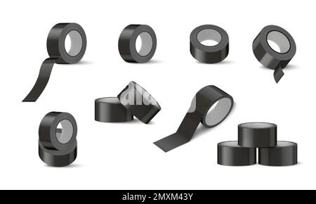 Schwarzes Klebeband Modell realistischer Satz isolierter Klebebandrollen in grauer Farbe auf leerer Vektordarstellung im Hintergrund Stock Vektor