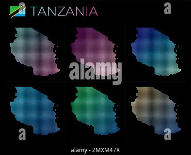Tansania gepunktete Karten. Karte von Tansania im gepunkteten Stil. Die Grenzen des Landes sind mit schönen, glatten Kreisen gefüllt. Stock Vektor