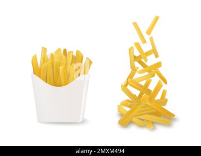 Bratkartoffeln realistische Serie von isolierten Bildern mit fallenden pommes Frites und verpackt in Pappbecher Vektorgrafik Stock Vektor