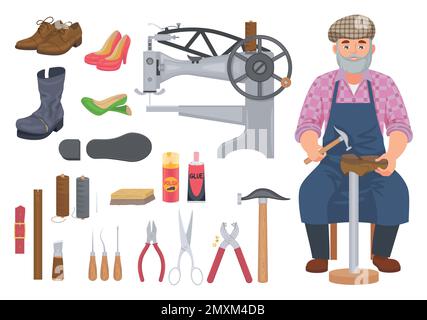Schuhe Reparatur-Service-Flat-Set mit isolierten Icons von Stiefeln Schuster mit Werkzeugen und Nähmaschine Vektor Illustration Stock Vektor