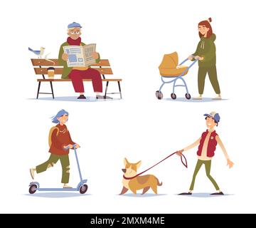 Zeichentrickset mit glücklichen Menschen, die auf dem Roller unterwegs sind und Zeitung im Stadtpark lesen, isolierte Vektordarstellung Stock Vektor