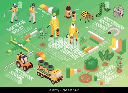 Isometrisches Flussdiagramm zur Schädlingsbekämpfung mit Vektordarstellung von landwirtschaftlichen Arbeitern und landwirtschaftlichen Geräten Stock Vektor