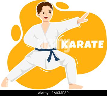 Menschen, die einige grundlegende Karate-Kampfkünste machen, sich in Pose kämpfen und Kimono in Cartoon-Handschrift für Landing-Page-Vorlagen-Illustration tragen Stock Vektor