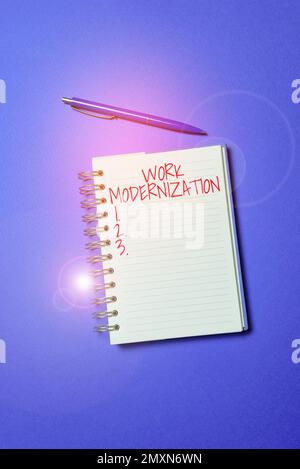 Handschrift-Schilderarbeit-Modernisierung. Unternehmen präsentieren sich verändernde Produktservices und -Prozesse, um neue Funktionen und Fähigkeiten zu integrieren Stockfoto