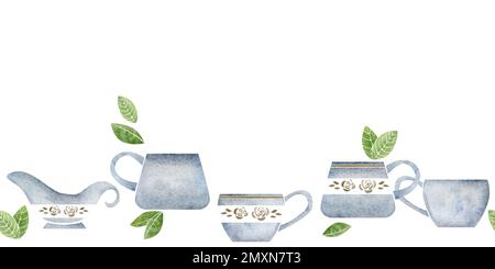 Wasserfarbenes, von Hand gezeichnetes, nahtloses horizontales Banner mit Porzellan- und goldenen Kaffeetassen und grünen Blättern. Isoliert auf weißem Hintergrund. Für Einladungen Stockfoto