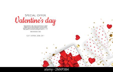 Hintergrund für Valentinsangebote mit 3D Herz und Geschenkbox. Vektorhintergrund für Poster, Banner, Flyer, Karten. Stock Vektor