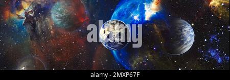 Wunderschöner Erdenplanet i Science-Fiction-Tapete mit endloser Tiefe. Elemente dieses Bildes, bereitgestellt von der NASA Stockfoto