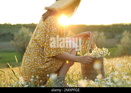 Eine Frau mit Strohhut und einer Handtasche voller Kamillen, die auf der Wiese ruht Stockfoto