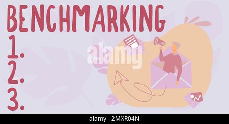 Schreiben Anzeigen von Text Benchmarking, Word für die Auswertung von Elementen im Vergleich zu einer Standardstrategie Stockfoto