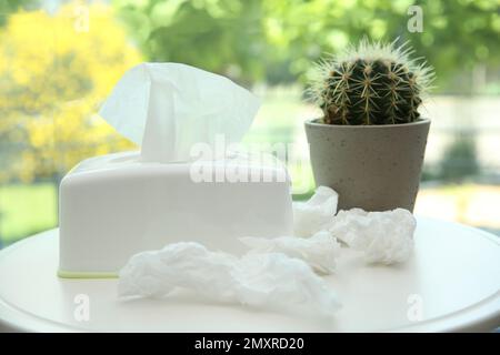Gebrauchte Papiertücher, Halter und Kaktus auf weißem Tisch Stockfoto