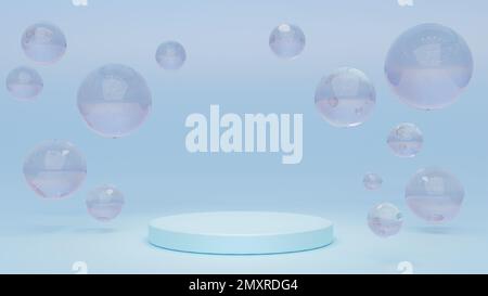Weißes rundes Podium mit Luftblasen auf blauer Wasseroberfläche. Modell leerer geometrischer Objekttisch, Plattform mit Seifensphären oder Wassertropfen für Produktanzeige Pre Stockfoto